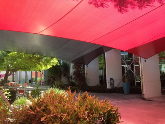 A large scale shade sail installation of DriZ waterproof shade fabric