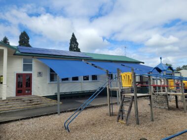 Oropi School playground with the new waterproof shade cloth from Rainbow Shade and CoverCorp Tauranga