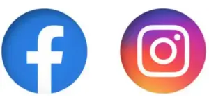 Facebook white F icon on blue circle logo and Instagram camera icon on purple, red and orange circle logo