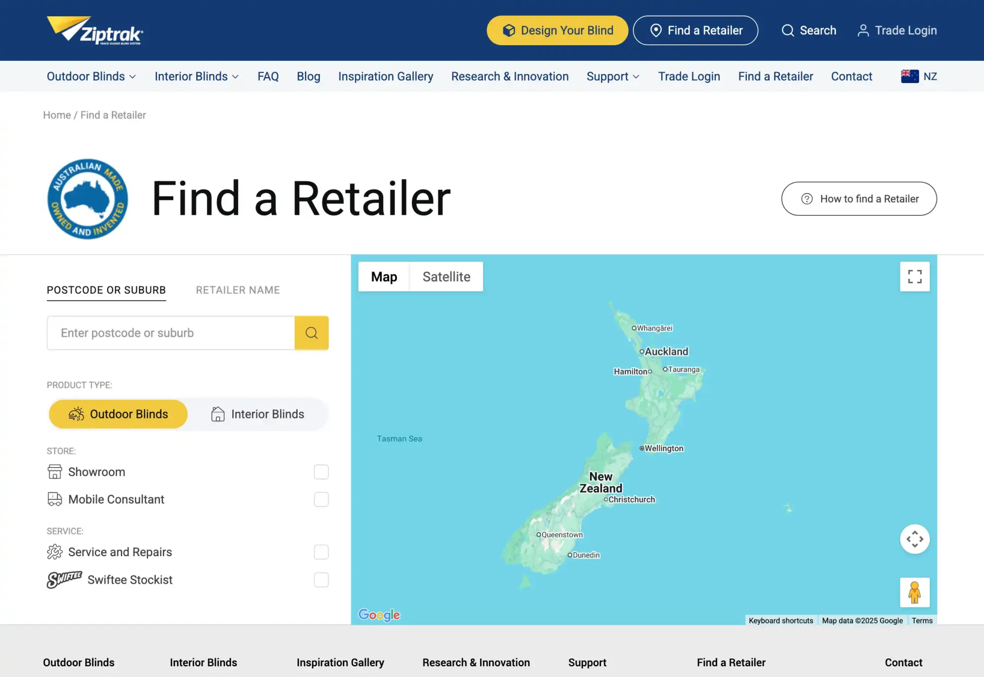 Ziptrak find a retailer webpage